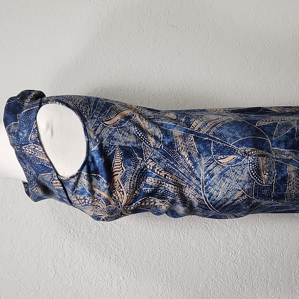 Ralph Lauren Blue w/Tan Floral & Tribal Design Scarf Neck Bodycon Dress Sz. M - Picture 4 of 13